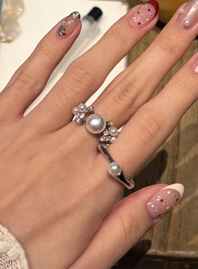 精致繁星锆石珍珠戒指开口可调节