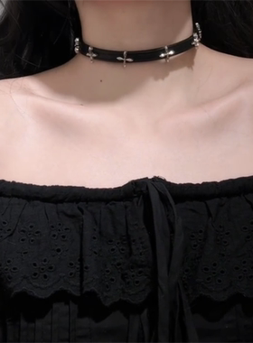 黑色皮绳十字花架项圈choker朋克