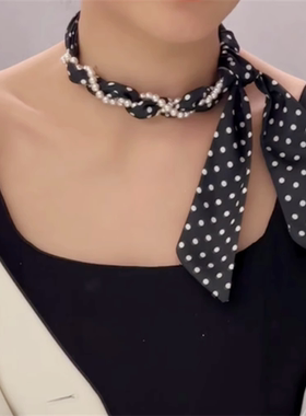 黑色小波点丝巾女韩系时尚窄长款