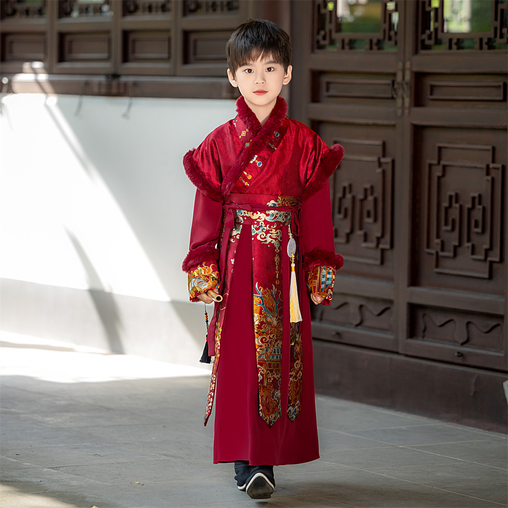 新款汉服男童拜年服中国风秋冬加厚加绒儿童古装酒红色过年冬季装,淘宝优惠券,粉丝福利购,淘宝优惠卷