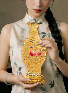 朱炳仁铜九桃五福宝瓶花瓶摆件客厅装饰玄关艺术花丝收藏品精致