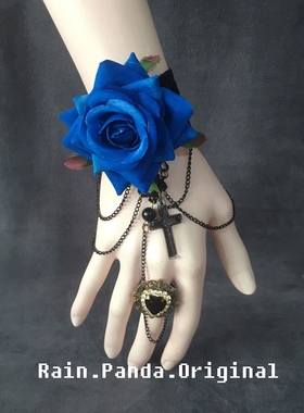 雨熊自制哥特黑蓝lolita玫瑰戒指手链ins暗黑蕾丝护腕万圣节