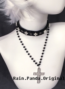雨熊家自制亚文化暗黑哥特朋克皮革项链多层镶钻十字架吊坠