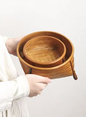 竹编四脚点心盘水果篮新中式复古家用收纳筐零食点心篮茶点盘手工