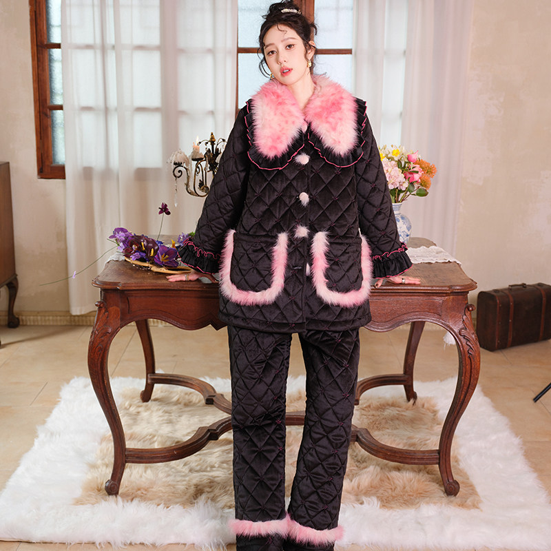 原创豹纹撞色三层加厚夹棉睡衣两件套宽松加绒加棉家居服套装冬新,淘宝优惠券,粉丝福利购,淘宝优惠卷