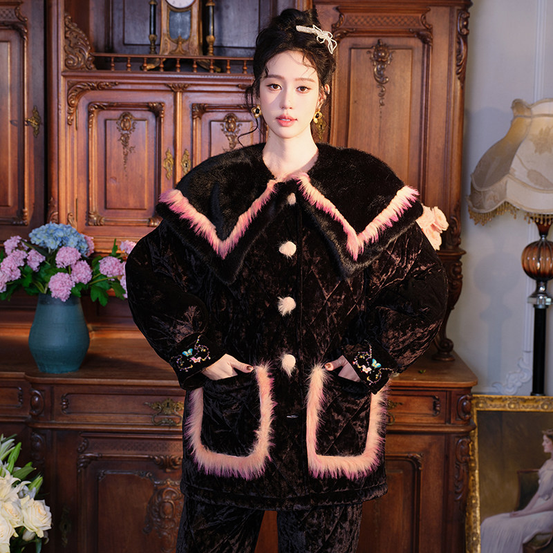 原创大翻领丝绒刺绣三层加厚夹棉睡衣两件套宽松加棉家居服冬新,淘宝优惠券,粉丝福利购,淘宝优惠卷