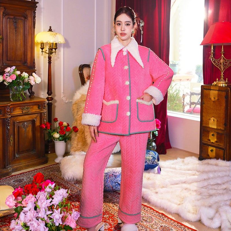 原创设计感珍珠镶嵌三层加厚夹棉睡衣两件套前短后长家居服套装冬,淘宝优惠券,粉丝福利购,淘宝优惠卷