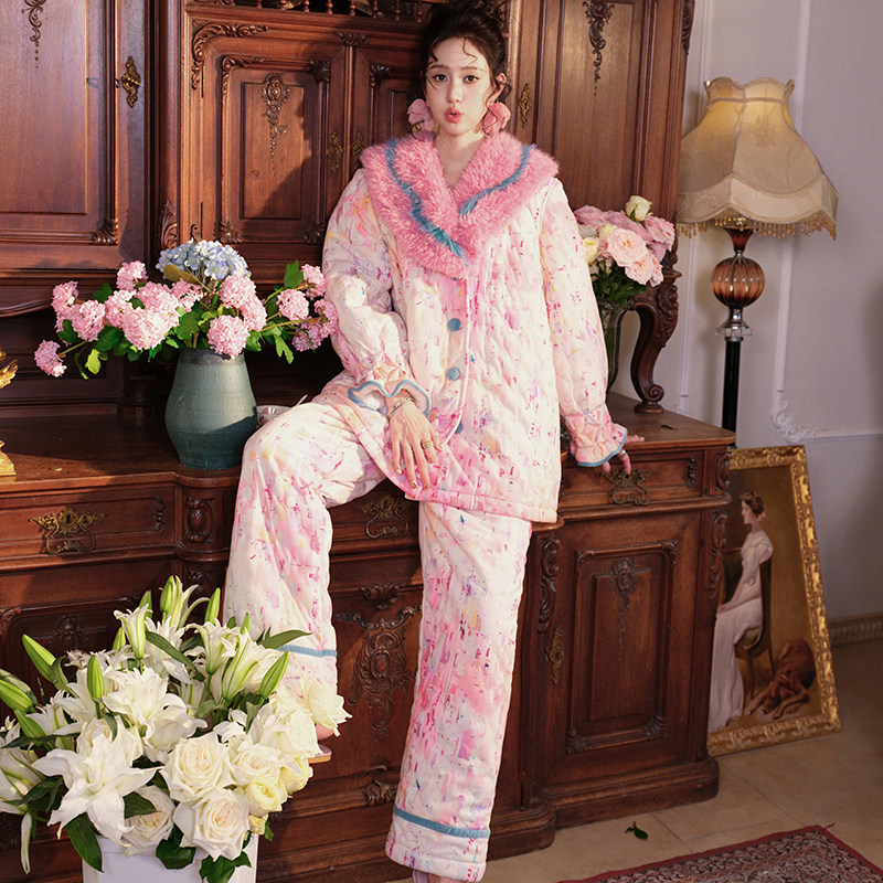 原创撞色毛领三层加厚夹棉睡衣两件套宽松加棉加绒家居服套装冬新,淘宝优惠券,粉丝福利购,淘宝优惠卷