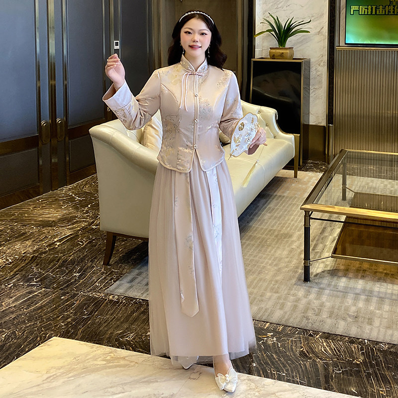 中式大码伴娘服2024新款复古中国风长袖秀禾显瘦姐妹服伴娘团礼服