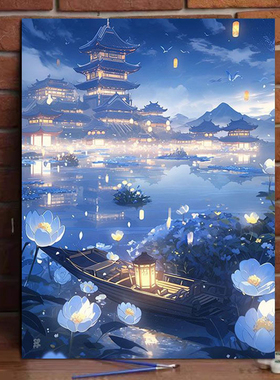 古风夜景阁楼diy数字油画治愈系手工丙烯画0基础涂色画填色挂画