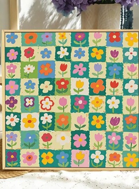 格子花朵数字油画diy填充填色手工绘小众花卉丙烯油彩画装饰挂画