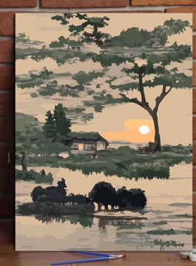 中式山水风景diy数字油画治愈系手工丙烯画0基础涂色画填色挂画