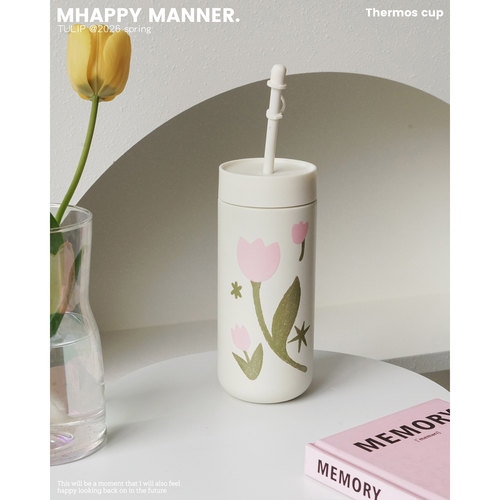 MhappyManner原创郁金香随手吸管保温杯316L不锈钢水杯便携可爱 - 图2