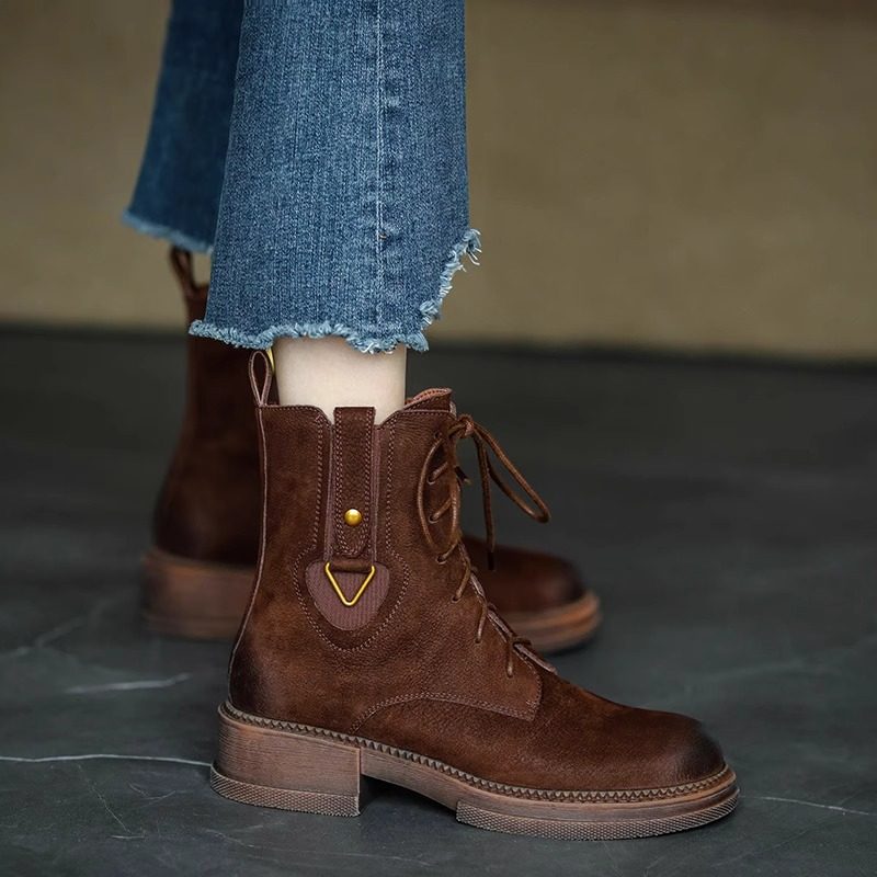 甜酷~英伦风粗跟复古风圆头马丁靴女棕色系带皮带扣金属秋冬短靴,淘宝优惠券,粉丝福利购,淘宝优惠卷