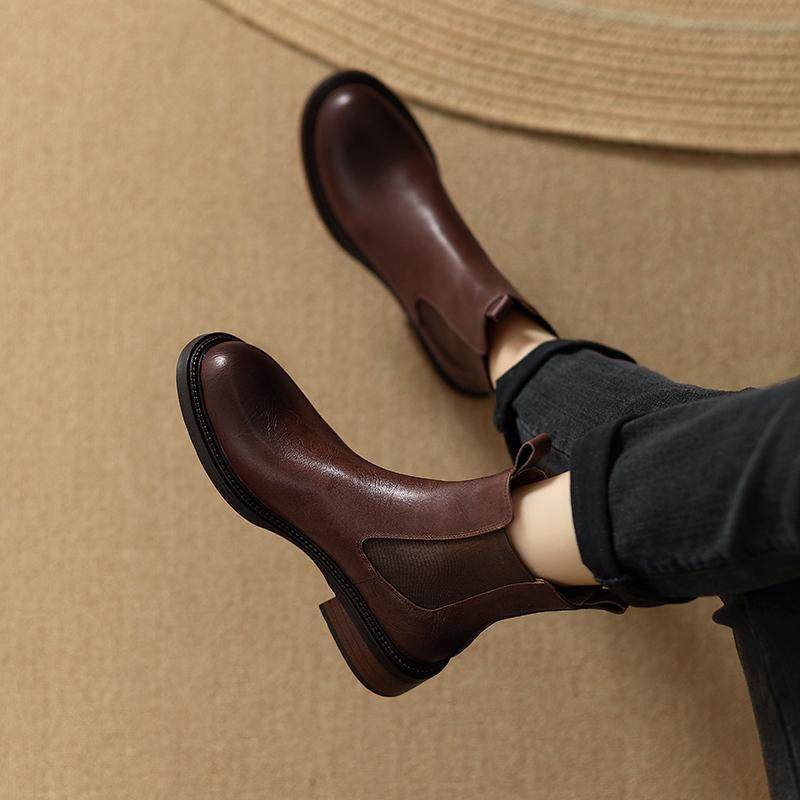 显瘦气质2025冬季新款低跟粗跟英伦风皮靴女圆头短靴真皮切尔西靴,淘宝优惠券,粉丝福利购,淘宝优惠卷