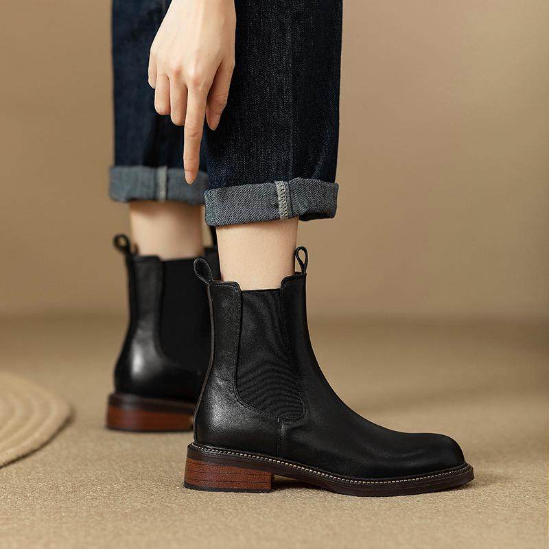 显瘦气质2025冬季新款低跟粗跟英伦风皮靴女圆头短靴真皮切尔西靴,淘宝优惠券,粉丝福利购,淘宝优惠卷