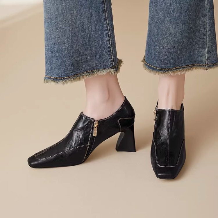 法式复古深口粗跟高跟鞋女2025新款侧拉链真皮方头单鞋软底小皮鞋,淘宝优惠券,粉丝福利购,淘宝优惠卷