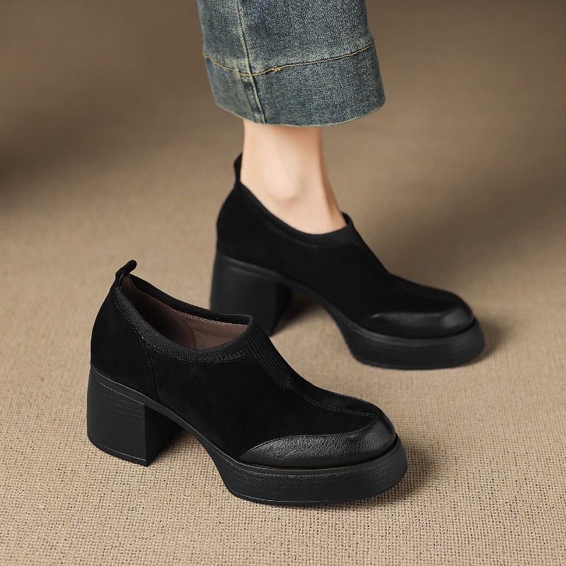 圆头粗跟深口单鞋女一脚蹬拼接厚底高跟乐福鞋小个子英伦风小皮鞋,淘宝优惠券,粉丝福利购,淘宝优惠卷