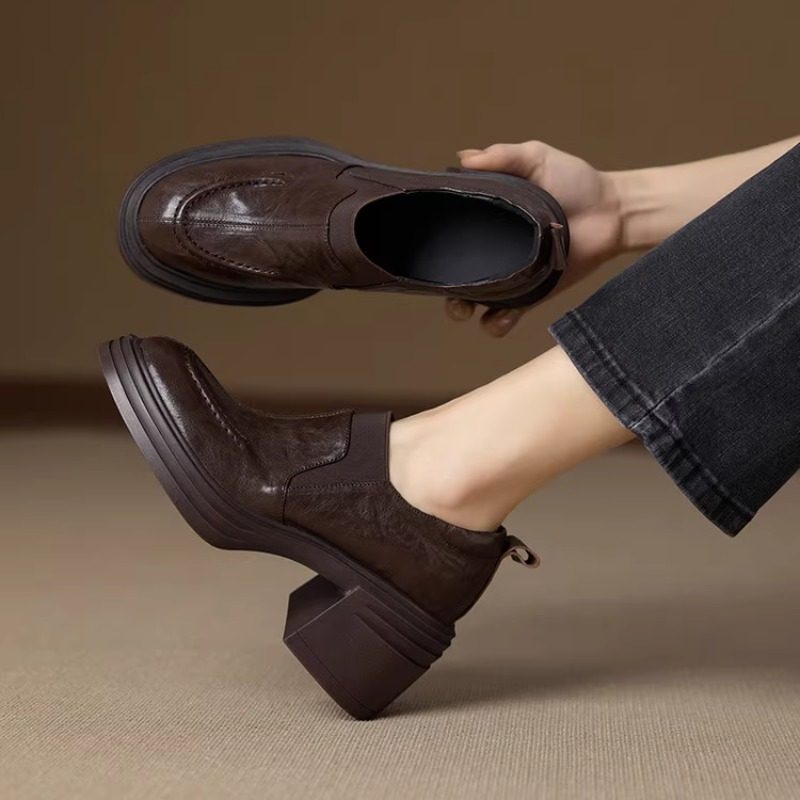 【羊皮版】7cm针织拼接厚底乐福鞋女小众粗跟小个子高跟深口单鞋,淘宝优惠券,粉丝福利购,淘宝优惠卷