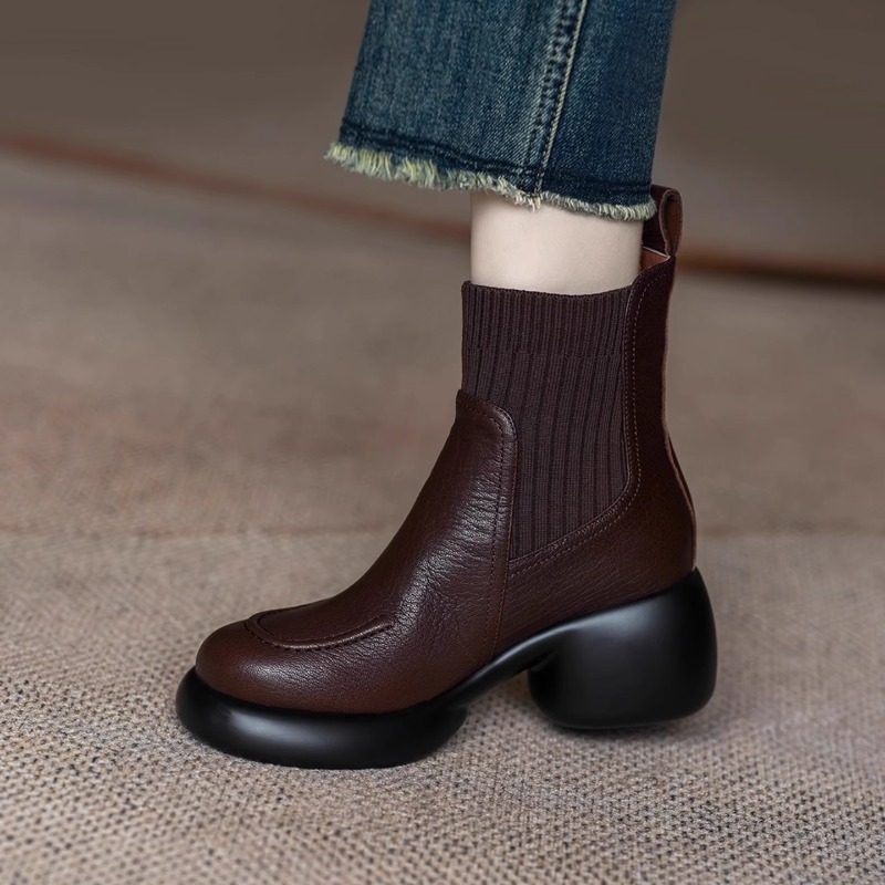 巨软法式复古真皮厚底粗跟短靴女不累脚毛线口瘦瘦靴拼接弹力袜靴,淘宝优惠券,粉丝福利购,淘宝优惠卷