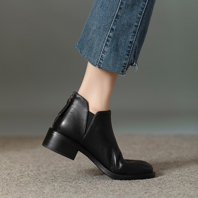 棕色复古切尔西靴秋冬季真皮粗跟短靴女单靴百搭中跟后拉链及裸靴,淘宝优惠券,粉丝福利购,淘宝优惠卷