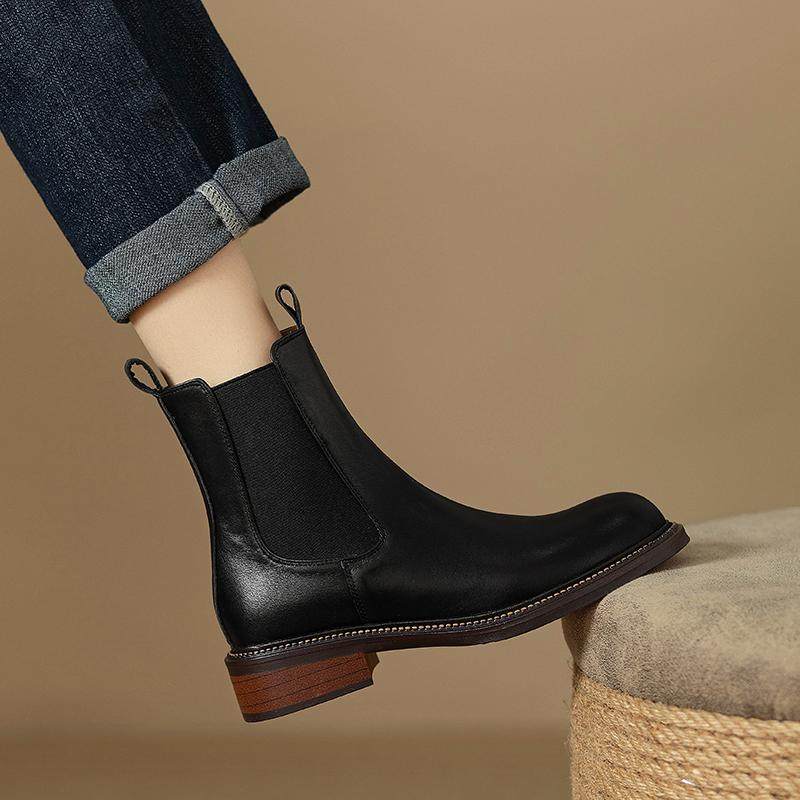 显瘦气质2025冬季新款低跟粗跟英伦风皮靴女圆头短靴真皮切尔西靴,淘宝优惠券,粉丝福利购,淘宝优惠卷