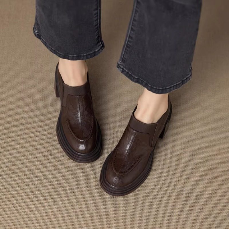 【羊皮版】7cm针织拼接厚底乐福鞋女小众粗跟小个子高跟深口单鞋,淘宝优惠券,粉丝福利购,淘宝优惠卷