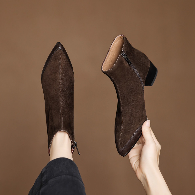 2025秋冬法式复古磨砂拼接切尔西短靴女粗跟尖头英伦风绒面马丁靴,淘宝优惠券,粉丝福利购,淘宝优惠卷