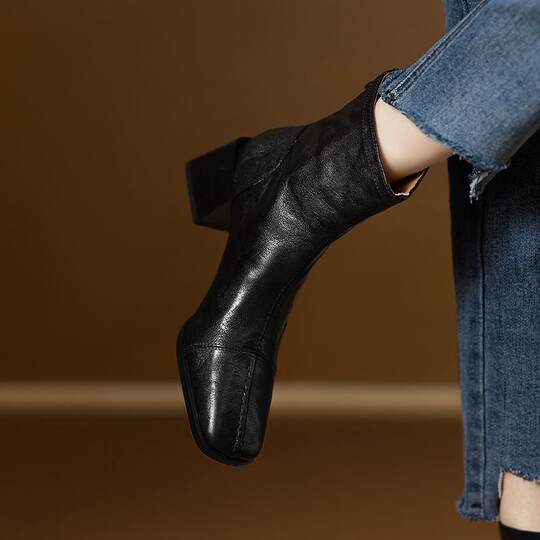 Retro British square toe short boots slim boots Martin boots