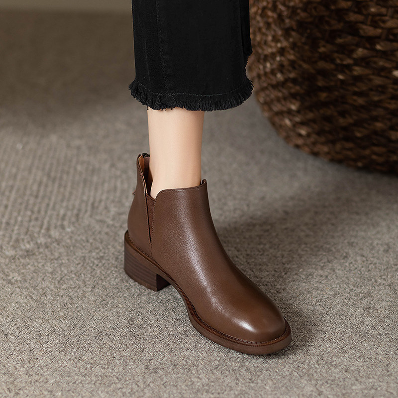 棕色复古切尔西靴秋冬季真皮粗跟短靴女单靴百搭中跟后拉链及裸靴,淘宝优惠券,粉丝福利购,淘宝优惠卷