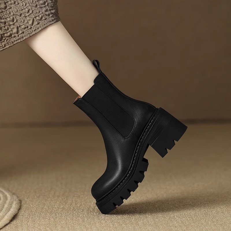 擦色皮厚底烟筒马丁靴女2024新款复古圆头切尔西真皮粗跟高跟短靴,淘宝优惠券,粉丝福利购,淘宝优惠卷