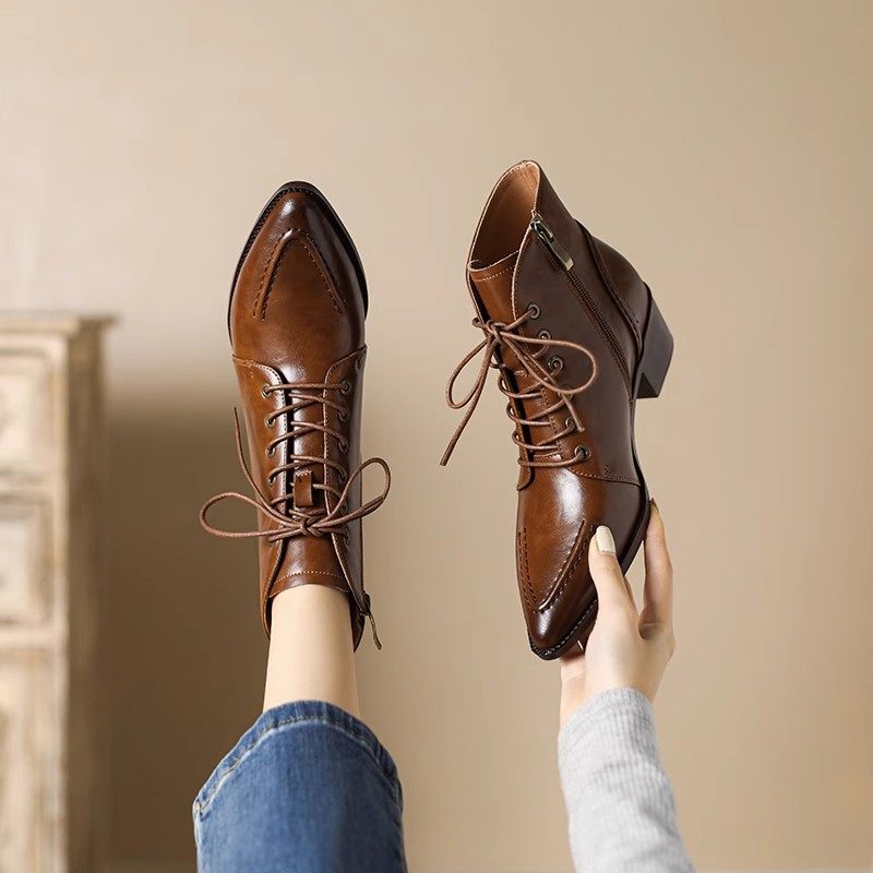 2025法式尖头短靴女新款系带复古真皮马丁靴秋冬及踝靴中跟小皮鞋,淘宝优惠券,粉丝福利购,淘宝优惠卷