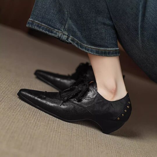 British genuine leather pointed toe lace-up thick heel loafers for women