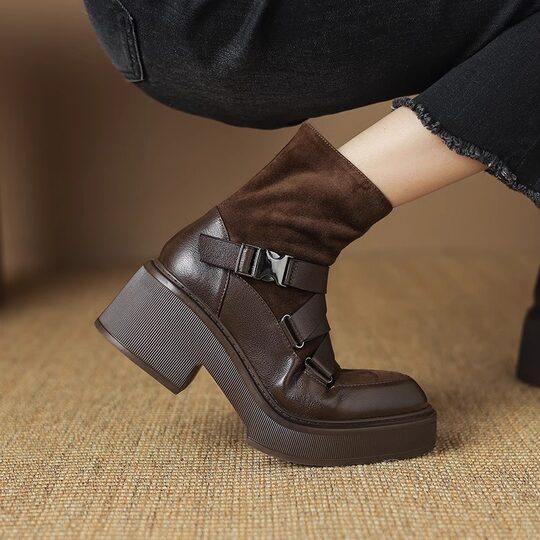 Platform sole women's boots with belt buckle and genuine leather pointed toe thick soles