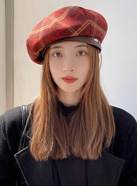 贝雷帽女秋冬英伦复古格纹蓓蕾八角帽出街休闲显脸小画家帽街头潮