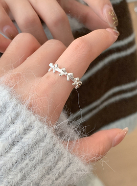 S925纯银蝴蝶结戒指女小众设计食指戒轻奢高级感2024新款开口指环