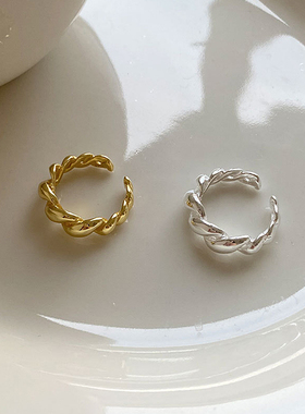 通体925纯银个性简约缠绕金色牛角包开口戒指女日韩ins潮流食指环