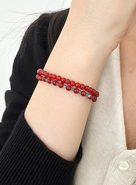 红玛瑙磷灰石相间串珠手链女红蓝撞色弹力绳手环通体纯银锦鲤手饰