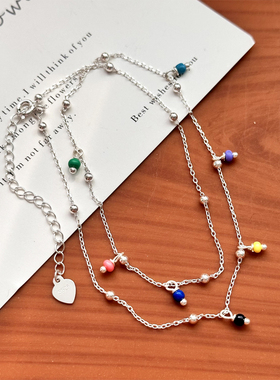 通体纯银彩虹珠项链百搭简约饰品