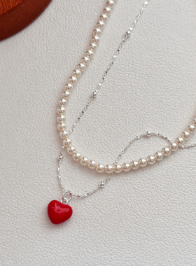 s925纯银爱心珍珠吊坠项链女款双层叠戴锁骨链轻奢小众高级感颈链