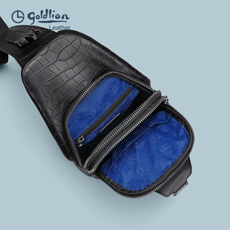 金利来男士胸包男新款时尚鳄鱼纹牛皮胸前包休闲小背包斜挎包,淘宝优惠券,粉丝福利购,淘宝优惠卷