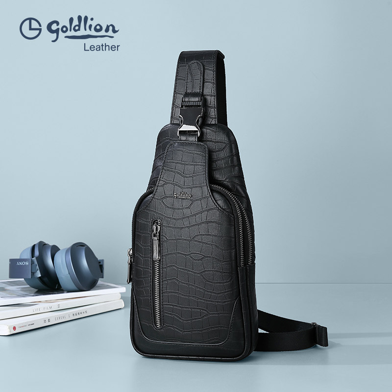金利来男士胸包男新款时尚鳄鱼纹牛皮胸前包休闲小背包斜挎包,淘宝优惠券,粉丝福利购,淘宝优惠卷