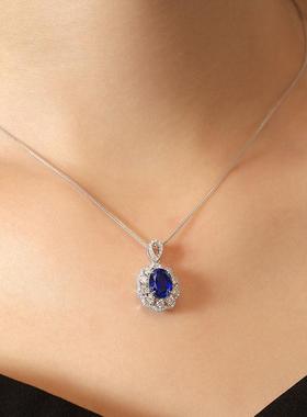 18K金镶嵌培育蓝宝石吊坠高级珠宝首饰女款经典百搭订婚吊坠套装