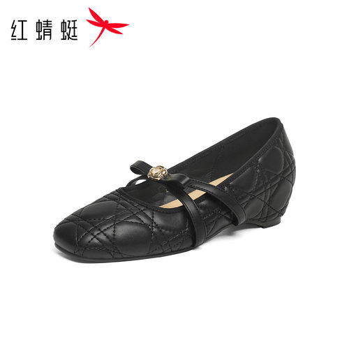 红蜻蜓坡跟玛丽珍女鞋2026秋季新款山茶花单鞋菱格小香风皮鞋女 - 图0