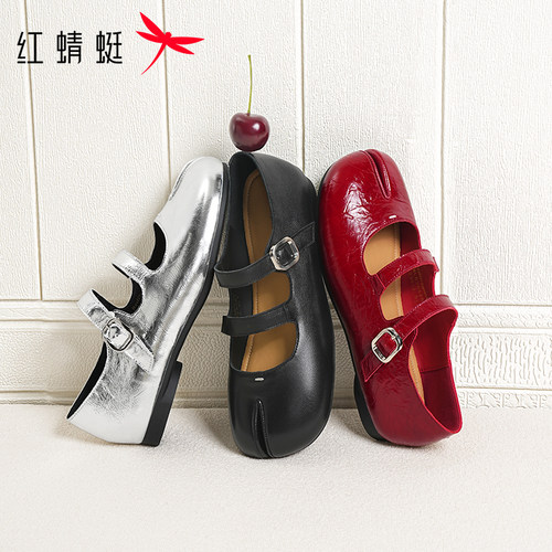 红蜻蜓黑色分趾鞋2026秋季女鞋真皮软底单鞋玛丽珍皮鞋猪蹄平底鞋 - 图0