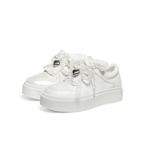 红蜻蜓休闲板鞋2025秋季新款女鞋厚底增高串珠蕾丝小白鞋运动鞋女 - 图3