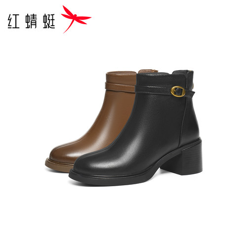 红蜻蜓妈妈鞋2025冬季新款女鞋粗跟羊皮靴子洋气中年女士高跟皮鞋 - 图3