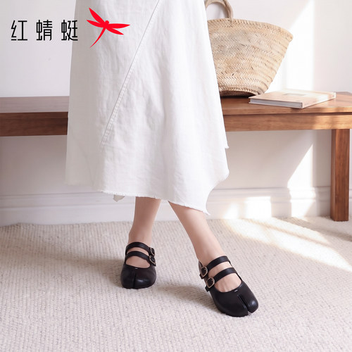红蜻蜓黑色分趾鞋2026秋季女鞋真皮软底单鞋玛丽珍皮鞋猪蹄平底鞋 - 图3