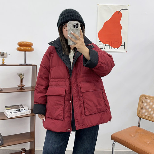 大码白鸭绒羽绒服拼色中长款200斤胖MM2024秋冬新款宽松休闲外套 - 图1