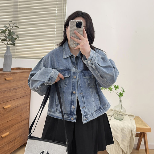 大码复古美式牛仔外套女新款胖mm港味chic休闲百搭短款夹克上衣 - 图1